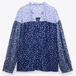 Zara | Floral Print Blouse Top Ruffles Long Sleeves Cottagecore Blue Medium